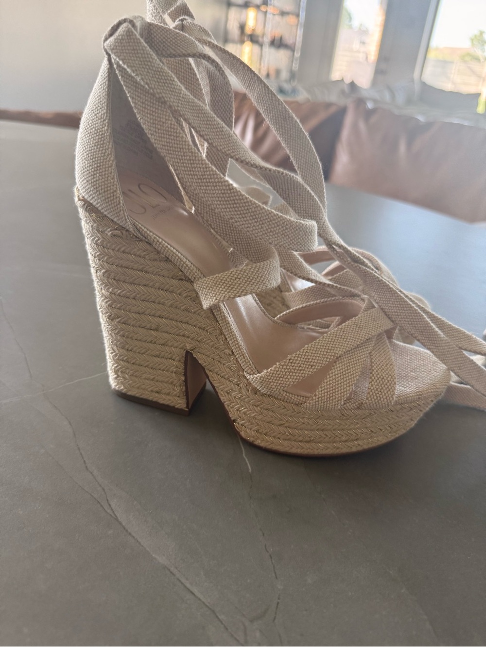 Jennifer Lopez Beige Canvas Platform Lace-Up Wedges - Picture 2 of 4